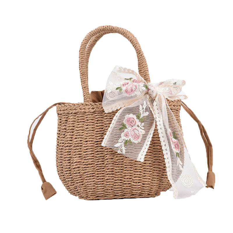 

high quality tote lace ribbon Wholesale Straw Women Summer Beach Handbag Bag