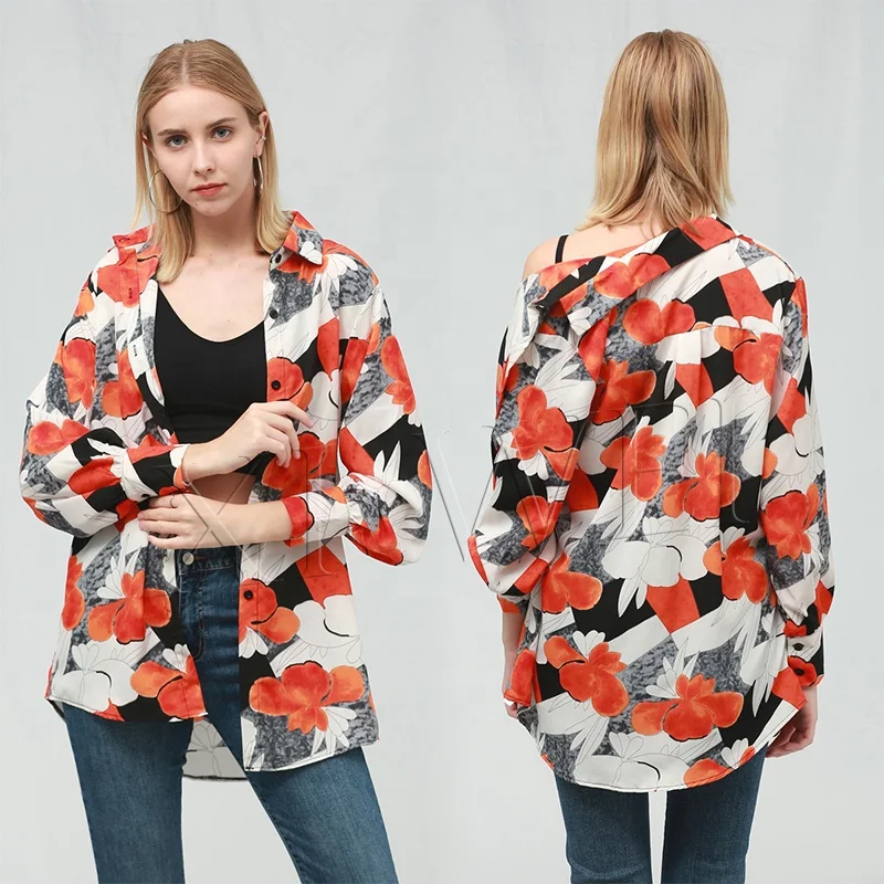 

Spring/summer 2021 collection listed lapel floral print lady women casual white-collar long-sleeved shirt