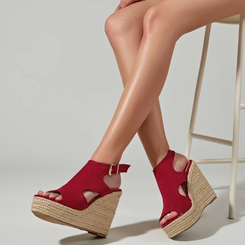 

2022 New Platform Ankle Buckle Strap Wedge Woman Sandals Rattan Weaving High Heels Summer Fashion Red Party Female Shoes