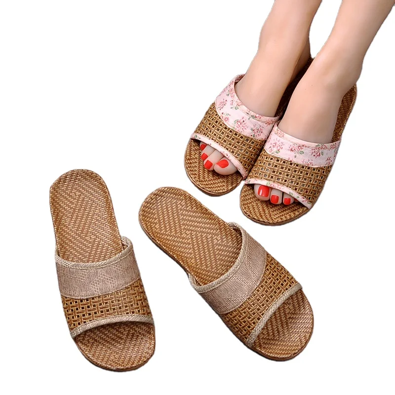 

Summer indoor women's home slippers with non slip thick bottom couple linen slippers