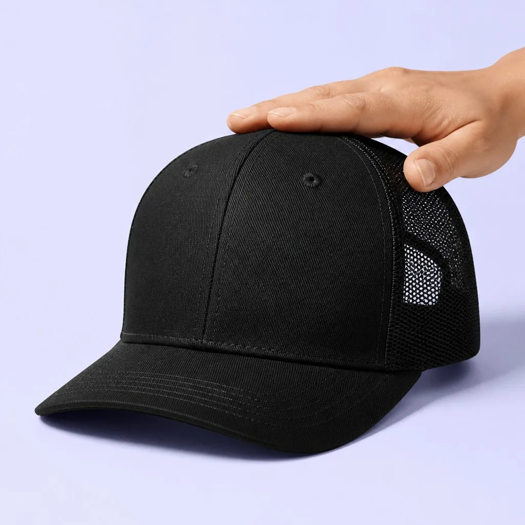 Hand Pressing Firmly on Structured Trucker Cap Crown Demonstrating Elastic Shape Recovery