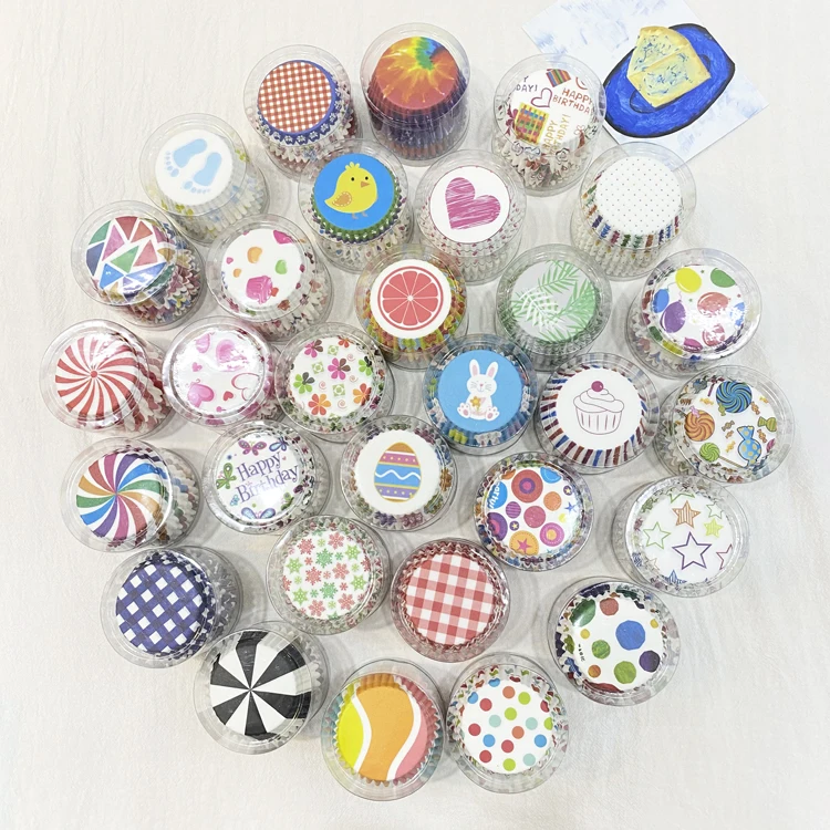 

110 mm 100 pcs Pack Paper Cupcake Liners with PVC Tube Packing in Stock,Random Designs