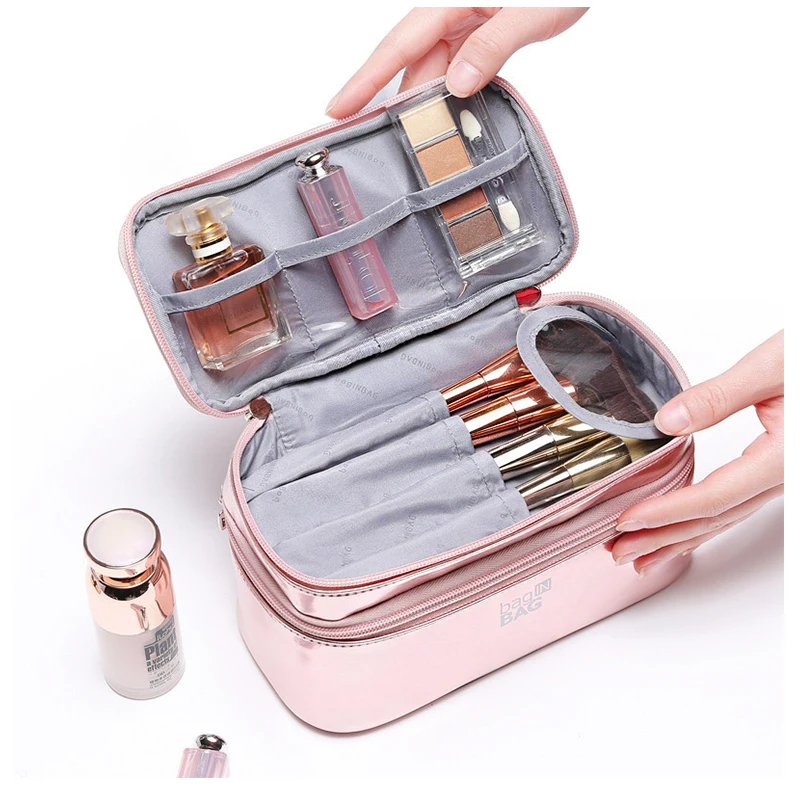 Wholesale Luxury Shiny Rose Gold Cosmetic Bag Double Layers Toiletry ...