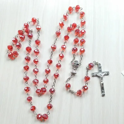

2021 Hot Red Glass Beads Rosary Catholic Necklace Prayer Beads Medal Cross Holy Land Religious Gifts for Women and Men, As picture shows