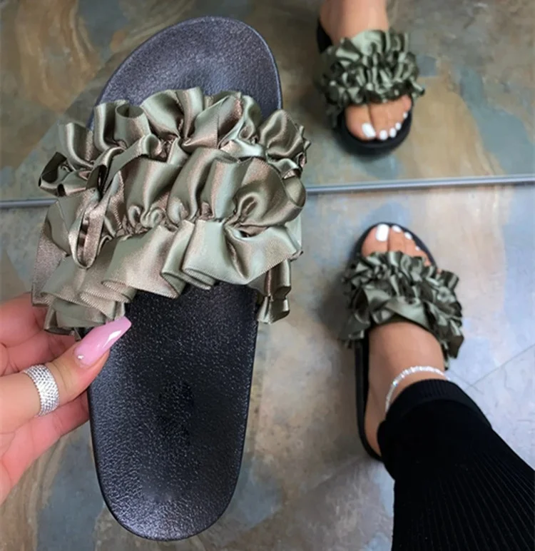 

2021 Fashion Ladies Summer Ruffle Material Slip On Thick Bottom Soft Sole Slippers Home Outside Slide Sandals, Black ,rainbow,pink,purple