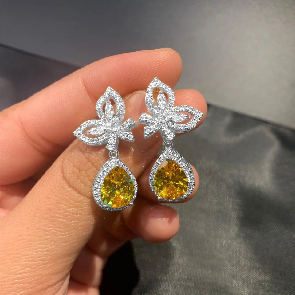 

CAOSHI Jewelry Royal Water Drop Earring Hollow Brilliant Leaf Lady Women Beautiful Yellow Pear Silver Gold Dangle Earrings