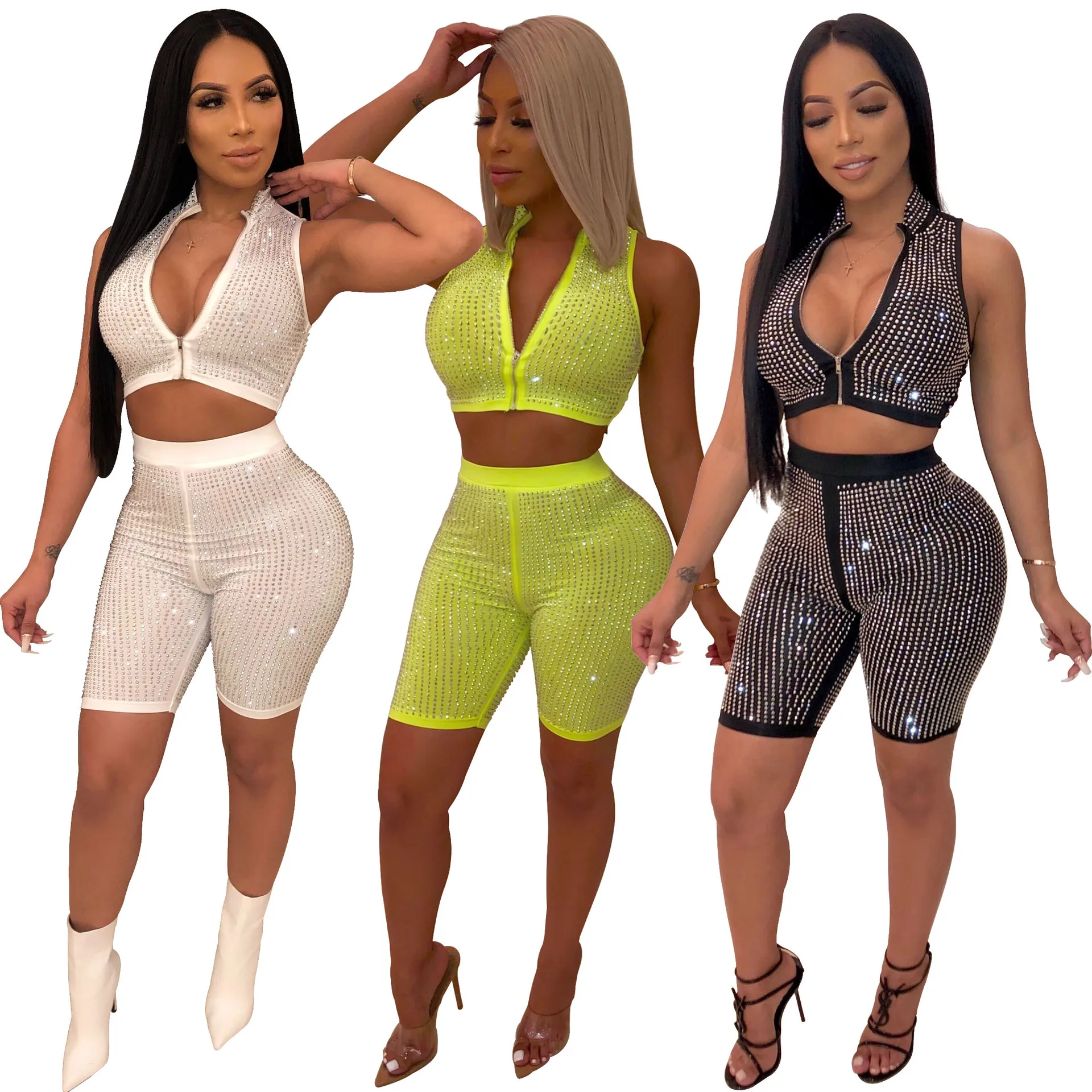 Free Shipping Rhinestone Crop T shirt with Shorts Summer Clothes for Women Ladies Casual Wear off shoulder Bodycon Clothes set
