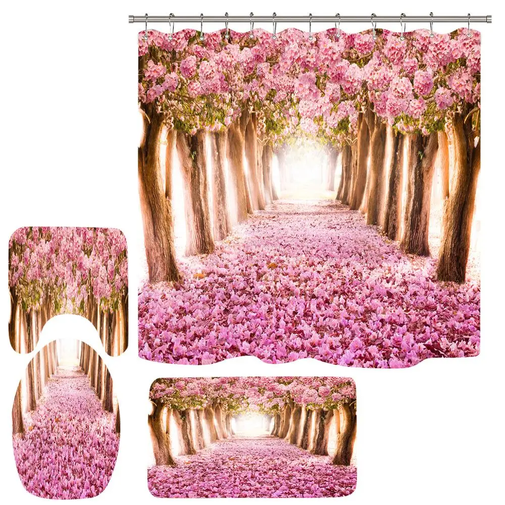 

Amazon Hot Sale Pink Custom Bathroom Curtain, Flower Butterflies Printed Four-Piece Shower Curtain Mats/