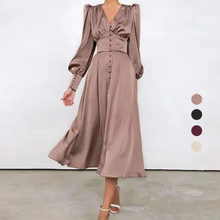 

Spring Puff Sleeve Satin Ladies Ruched V-Neck Party Dresses Pleated Elegant Bodycon Maxi Dress Women