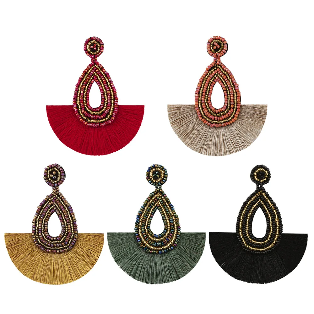 

VRIUA Vintage Drop Earrings For Women Ethnic Cotton Tassel Multicolor Bead Large Bohemia Dangle Earrings Statement Jewelry