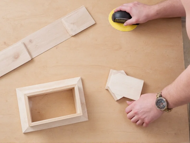 Hand assembling wooden wall shelf kit with sandpaper and tools