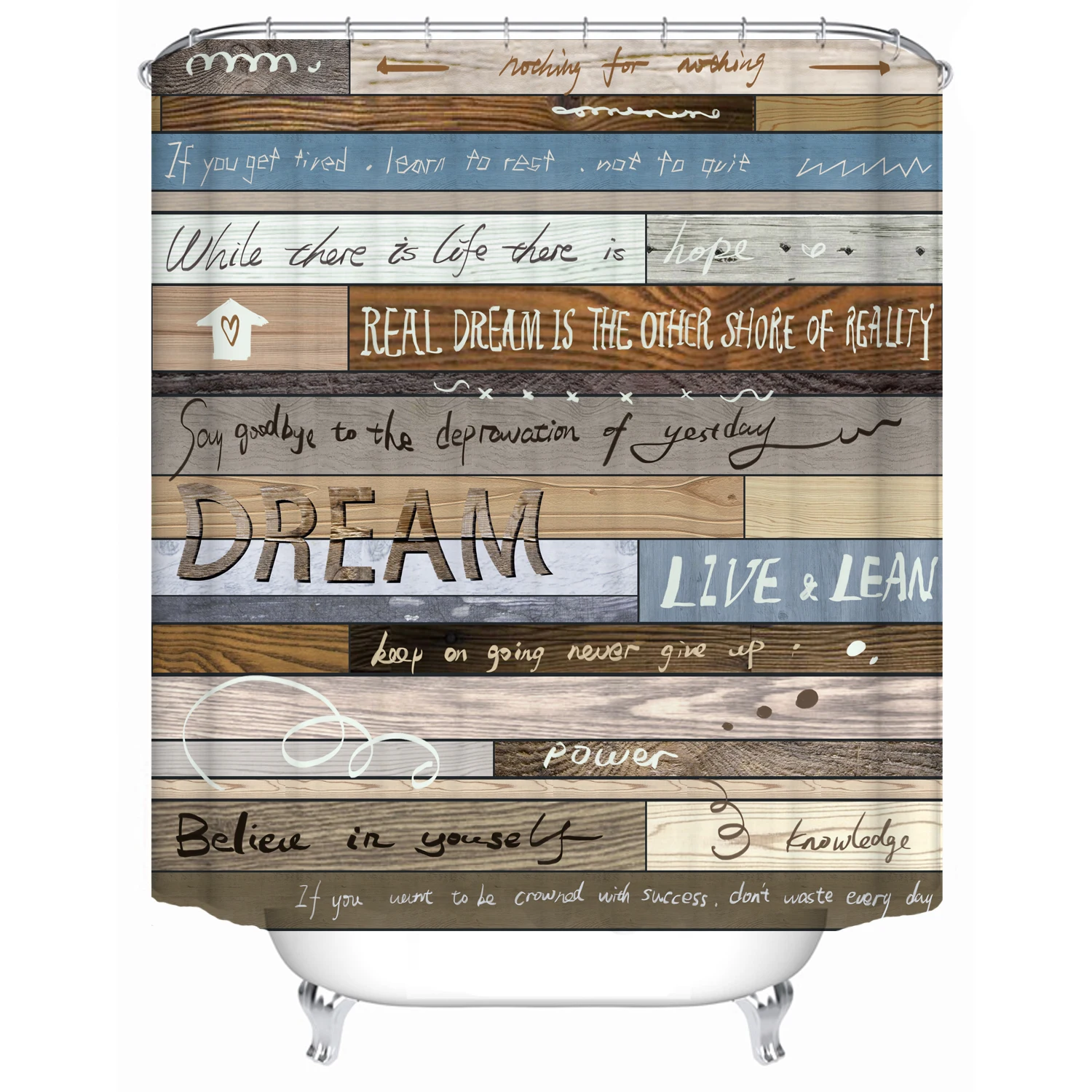 

Dream Quotes carved on old wooden boards Print Waterproof Fabric Shower Curtain Liner Covered Bathtub Bathroom Curtains 12 Hooks