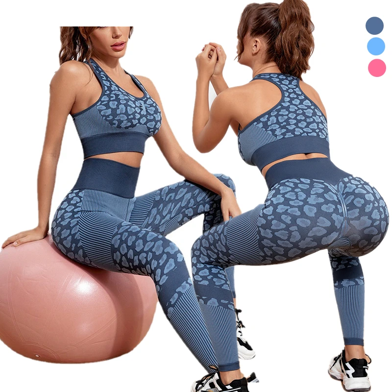 

Custom Logo Leopard Print Workout Clothes Seamless Bra High Waist Leggings 2 Piece Yoga Set Sport Gym Wear For Women