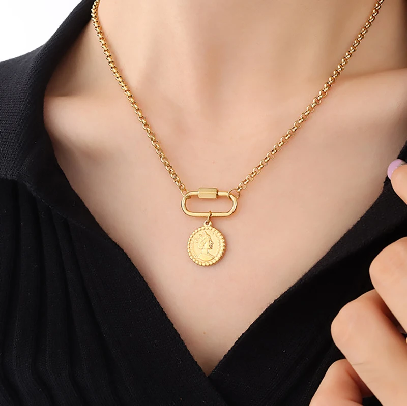 

Lady Queen Head Portrait Female Figure Women Jewelry Safety Pin Coin 18K Gold Plated Stainless Steel Round Pendant Necklace
