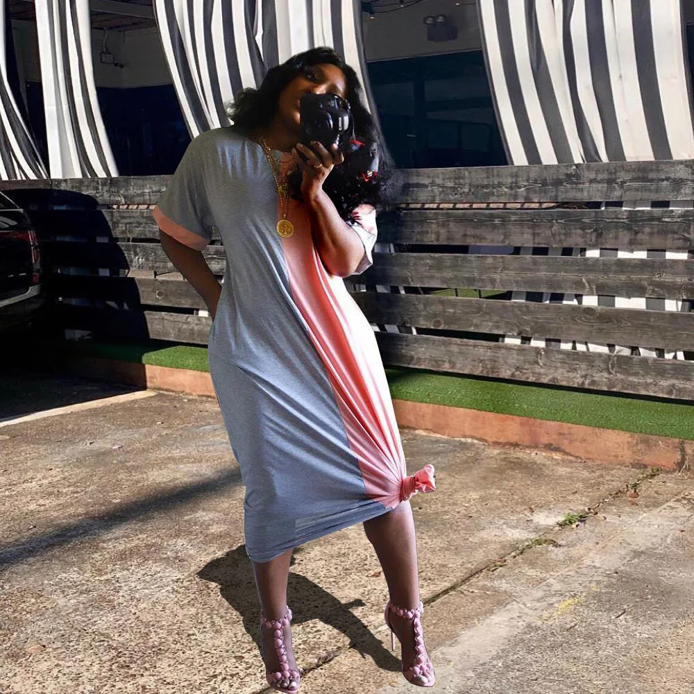 

Casual Contrast Color Short Sleeve Dress Loose Womens Maxi Dressess Fashion Clothing 2021 -PT, Pink,orange,blue
