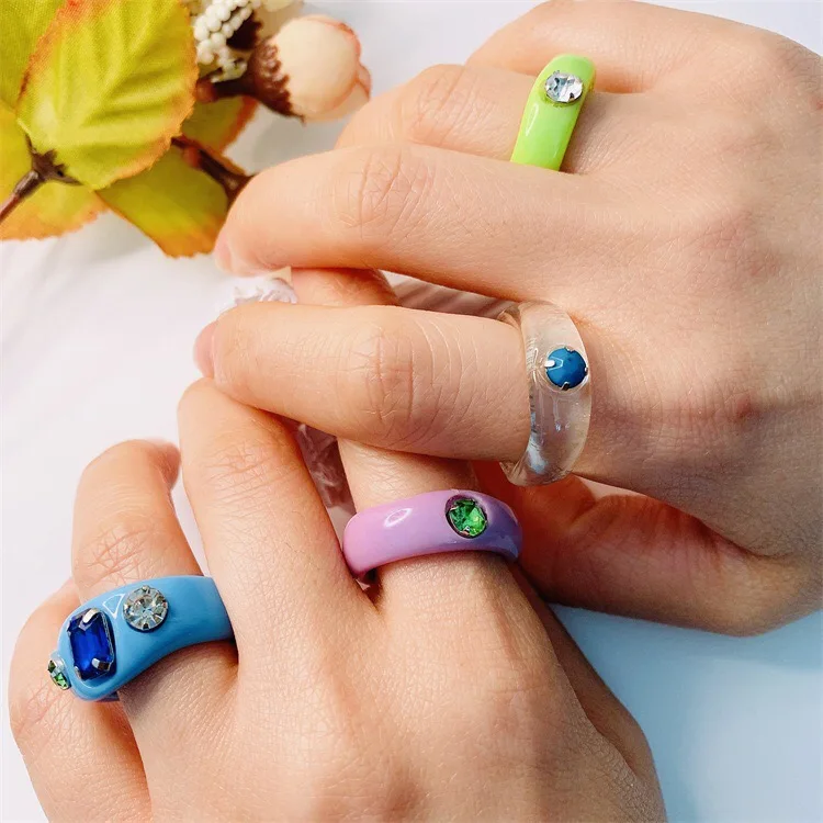 

YN-710 Y2K 2000 Retro Korean Colorful Crystal Cartoon Cute Transparent Handmade Fingers Rings for Women Jewelry, Gold & rhinestone