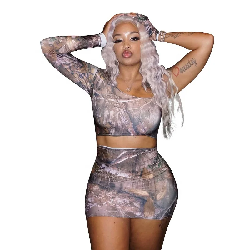 

Tree Print Women Two Piece Sets 2021 New Arrivals Sexy Mesh Crop Top Mini Skirt Fashion Women Clothing Set DMQ20885S