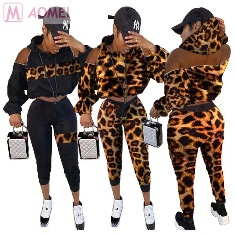 M8025 hot casual leopard back zipper hooded crop hoodie sport Pants Two Piece Set Women Clothing