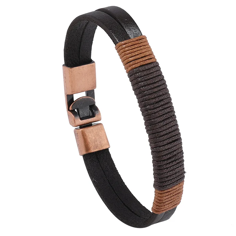 

New Design Vintage Double Layer Genuine Leather Bracelet Buckle Handmade Woven men Bangle gift