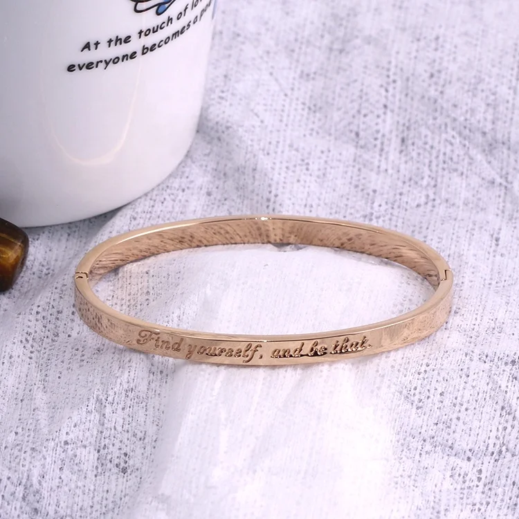 

wholesale custom stainless steel fashion jewelry rose gold plated engraved letter cuff simple bracelet bangle for women, All common color are available