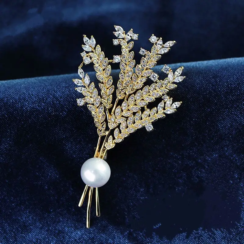 

Wheat Ears micro-inlaid zircon gold brooch sweater cardigan Pearl brooch female