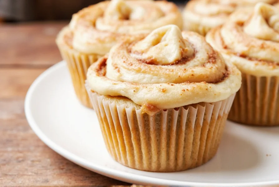Perfectly baked cinnamon roll cupcakes with visible cinnamon swirl and cream cheese frosting
