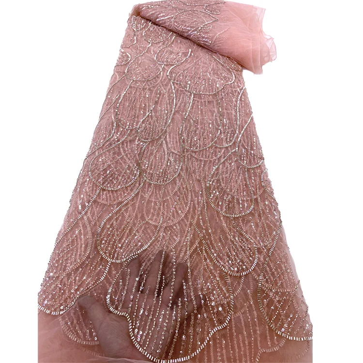 

Hot Pink Lace Fabric Luxury Bridal Lace Beads Embroidery Mesh Fabric