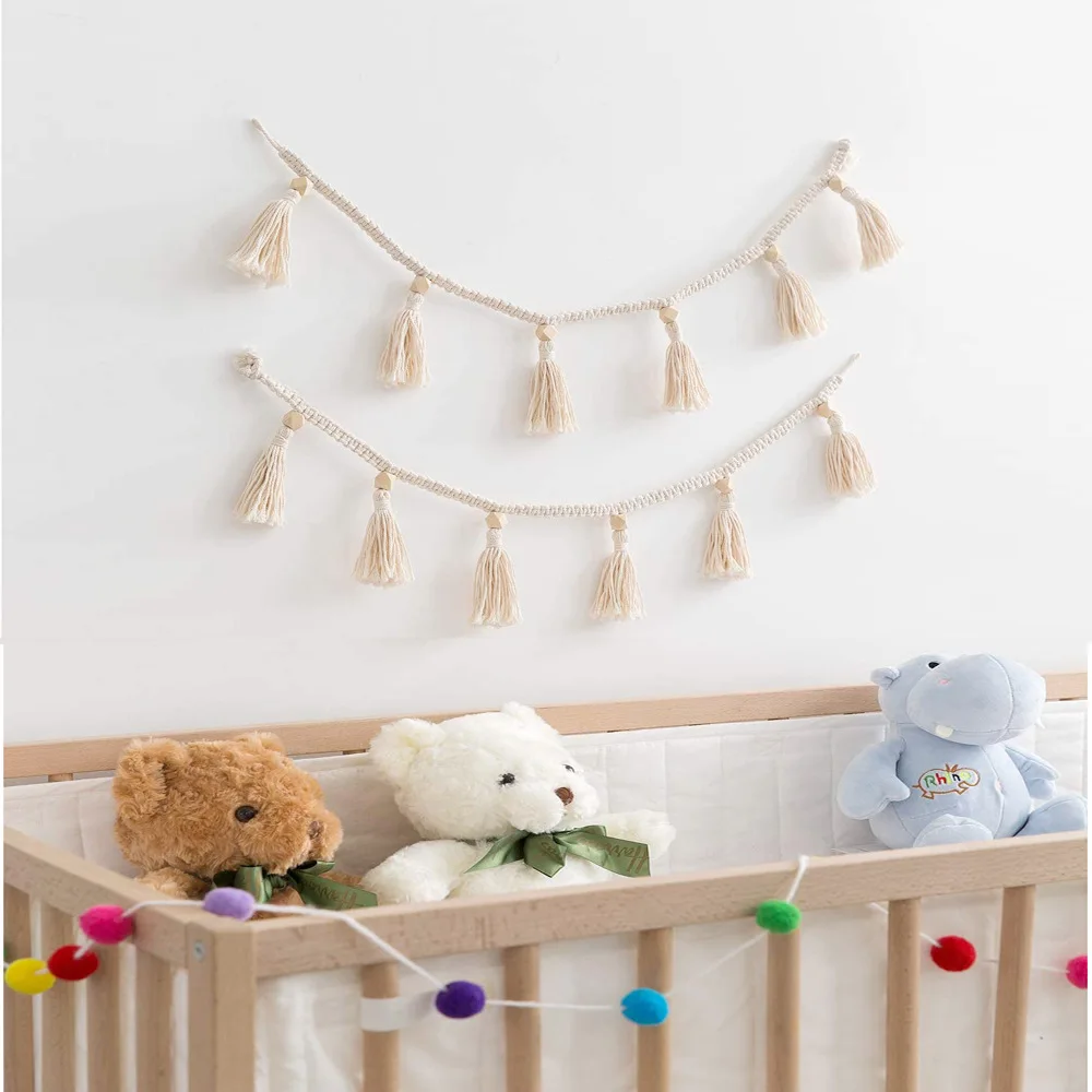 

Boho Cotton Knitting Tassel Macrame Children Room Wall Hanging Garland Bunting Banner Nursery Decor, Natural