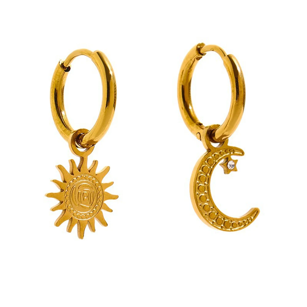 

New Trendy Asymmetric Sun Moon 18k Gold Plated Stainless Steel Hoop Earring Jewelry For Women