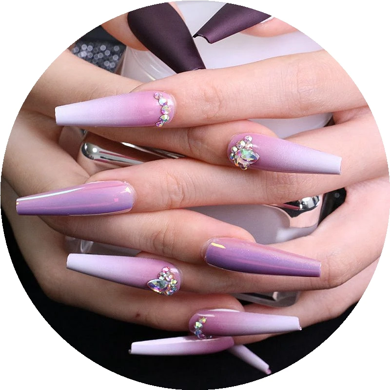 

30Pcs/Box Packing Gradient Press On Nails With 3D Rhinestone Long Coffin Nail Tips Artificial Fingernails, Picture
