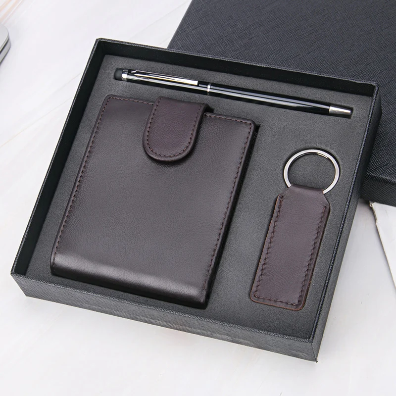 

Top Quality Genuine Leather Men Slim Wallet Gift keychain holder gifts pen gift set Boxes 3 in 1 combo, Black