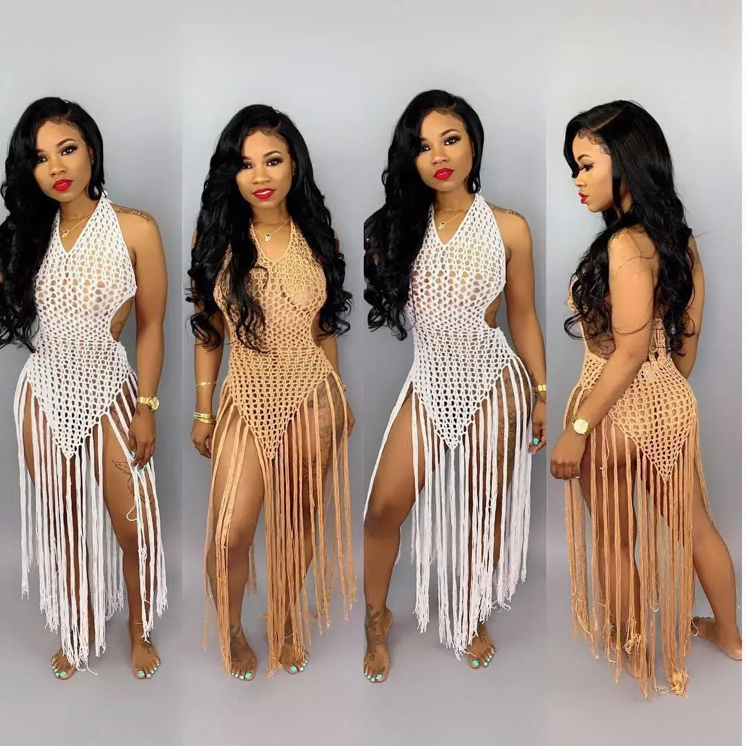 

Womens Bathing Suit Cover Up For Beach Pool Swimwear Solid Color v Neck Sexy Women Tassel Crochet Dress