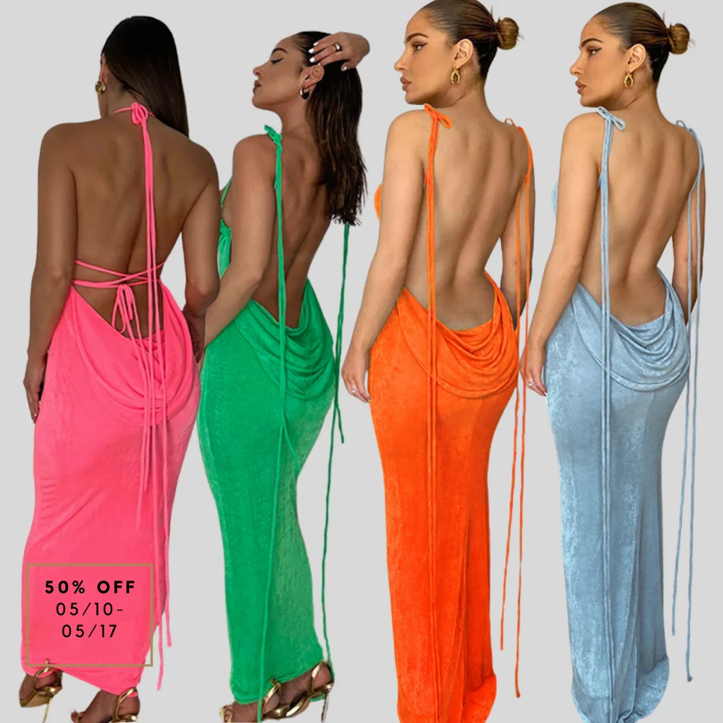 

2022 Summer Sexy Open Back Slim Cami Strap Dresses Women Long Party Beach Dress Spaghetti Strap Backless Draped Maxi Club Dress, Picture color