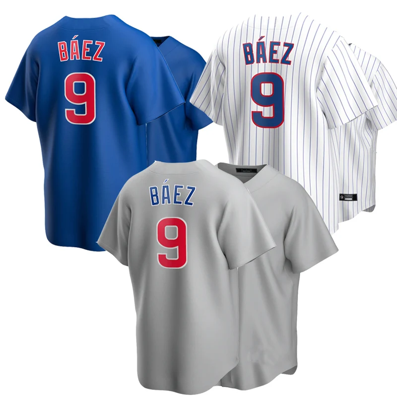 

Free Shipping Chicago Cub Javier Baez #9 Player Name White Blue Grey Jersey