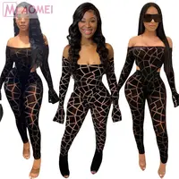 

S2158 Hollow out Sheer Mesh jumpsuit night club Sexy Slash Neck Off Shoulder Flare Sleeve Bodycon jumpsuit Clothing Woman
