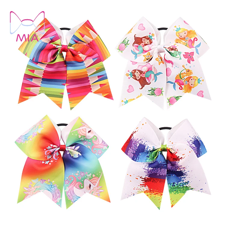 

Free Shipping 7" Unicorn Cheer Bows With Rubber Band For Girls Kids Printed Ribbon Ponytail Mermaid Hair Bows Hair Accessories, Picture shows