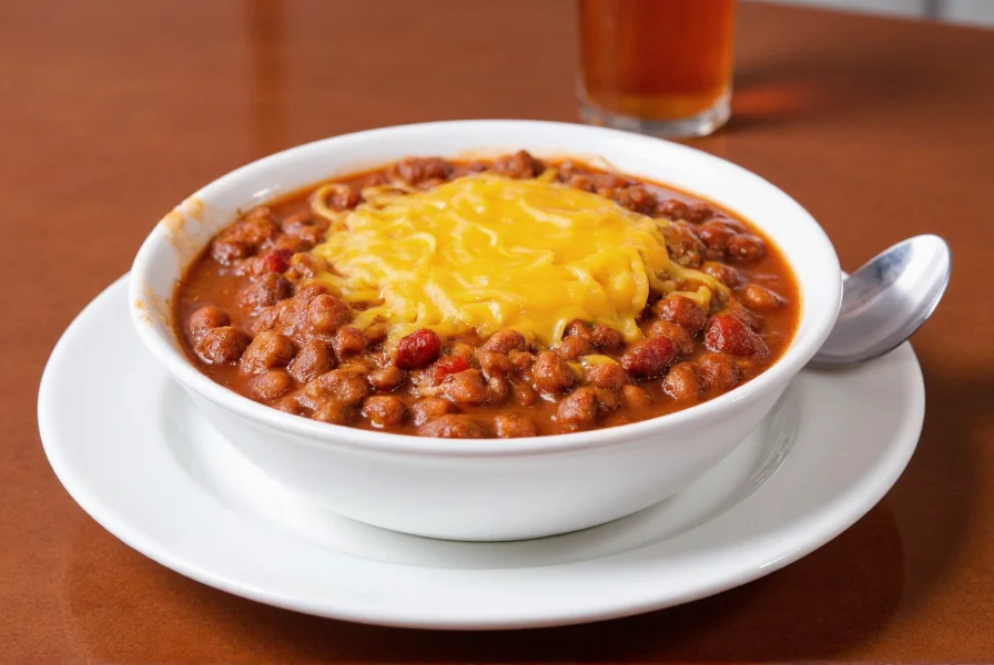 Steak n shake chili served in a white ceramic bowl with melted cheese on top at a classic diner counter