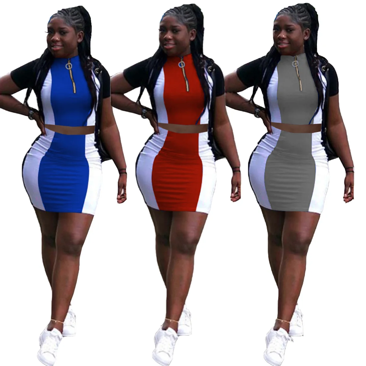 

Casual Short Sleeve Crop Top and Mini Skirts Splicing High Waist Two Piece Skirt Set, Gray,blue,red