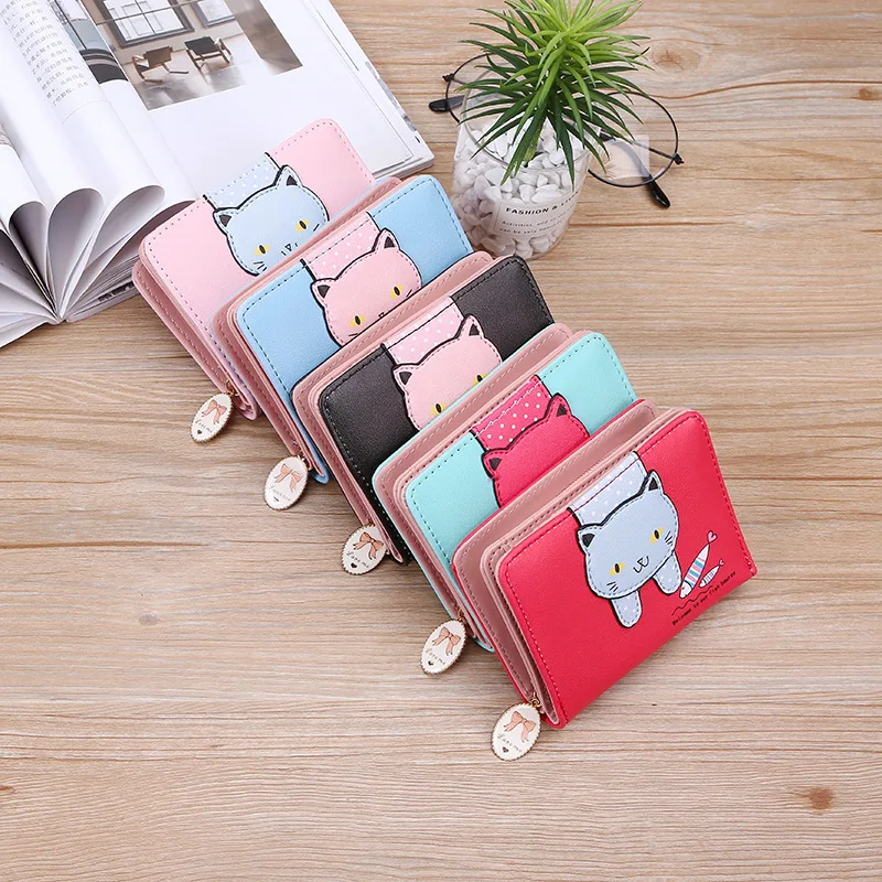 

Women Cute Cartoon Cat Print Short Wallets Small Zipper Girl Wallet PU Leather Women Coin Purse Female Card Holder Wallet, As photo