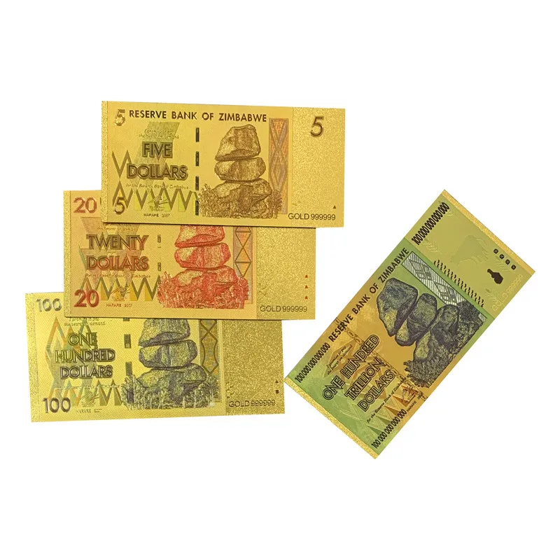 

bill of Zimbabwe dollar 24 K vivid Gold foil banknote for Collection 4 pieces