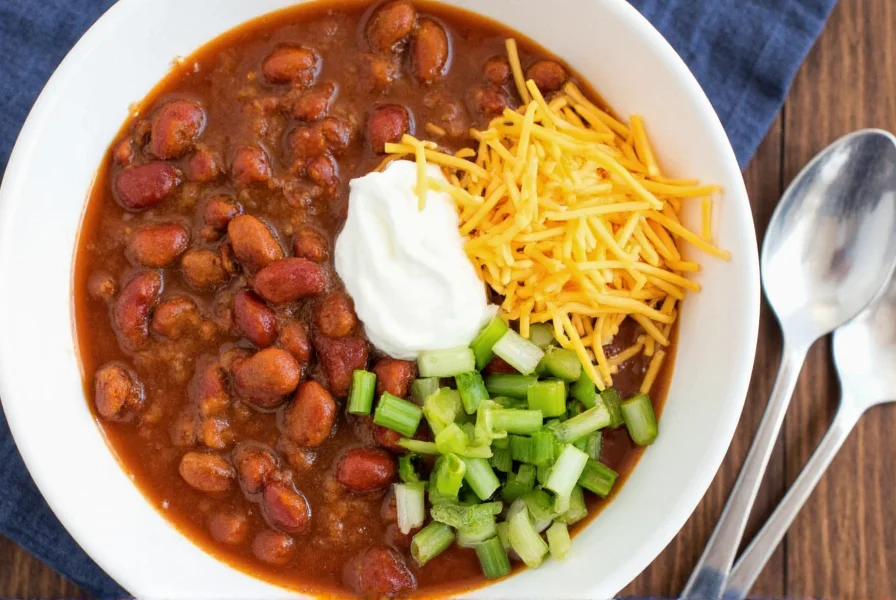 Finished beanless chili served in bowl with toppings: sour cream, shredded cheese, and green onions