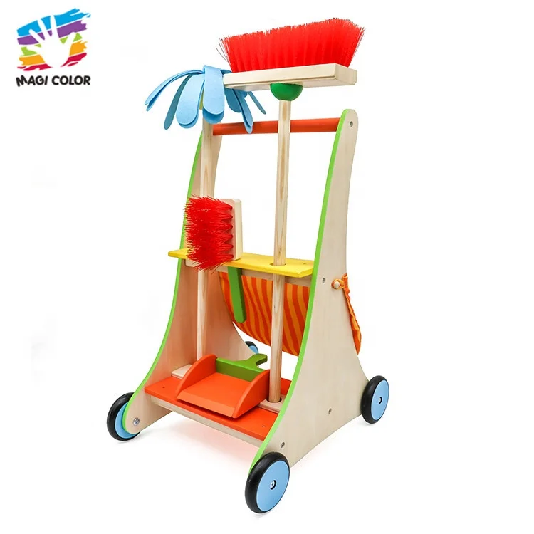 Oem / Odm Kids Wooden Cleaning Trolley Toy For Pretend Play W10d200