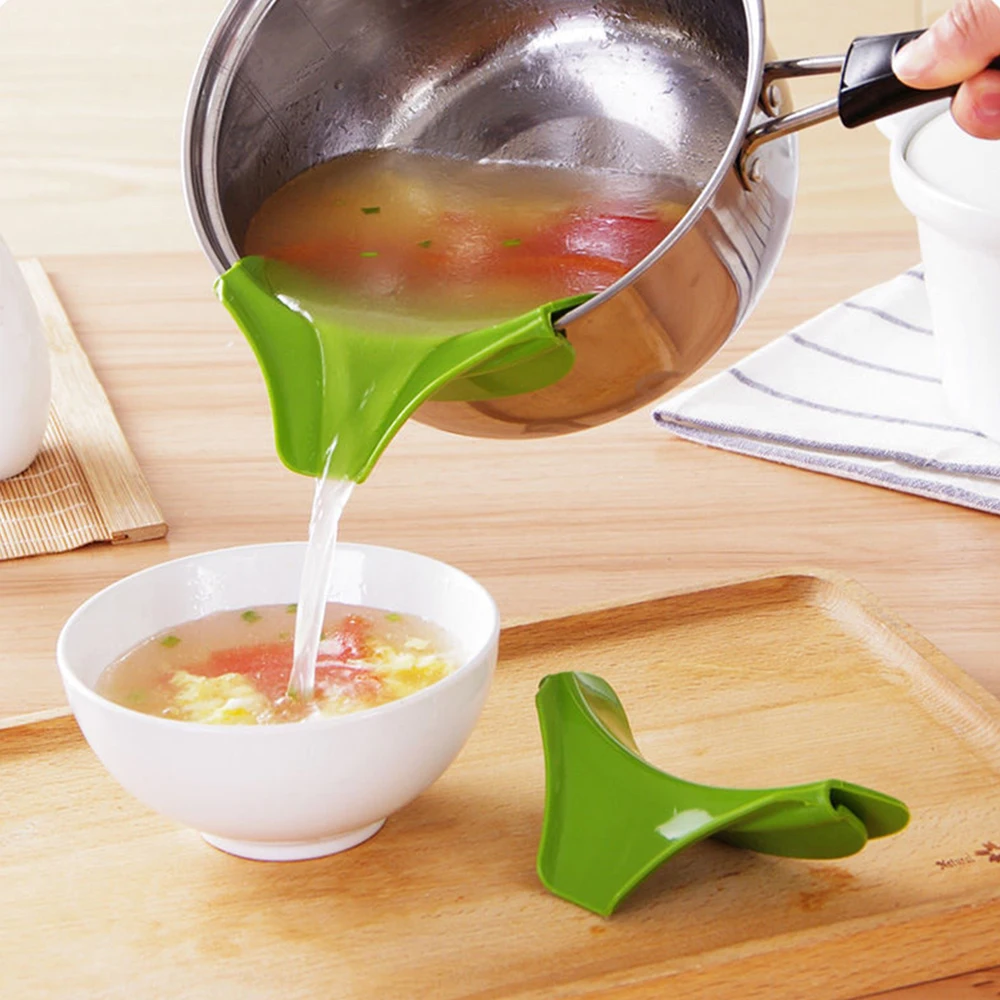 

Anti-spill Slip on Pour Soup Funnel for Pots Pans and Bowls and Jars Creative Silicone Funnel Spout Kitchen Gadget Tool, As photo