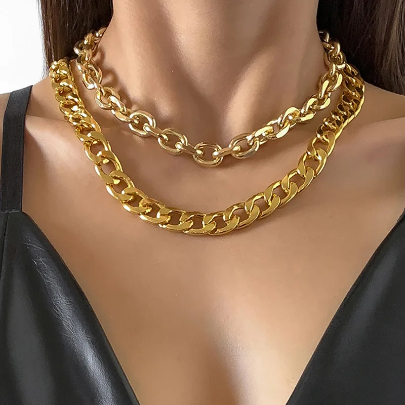 

DP Hot Sale 2pcs Retro metal aluminum chain necklace set hip hop trend geometric clavicle necklace thick choker necklace, Gold, white k