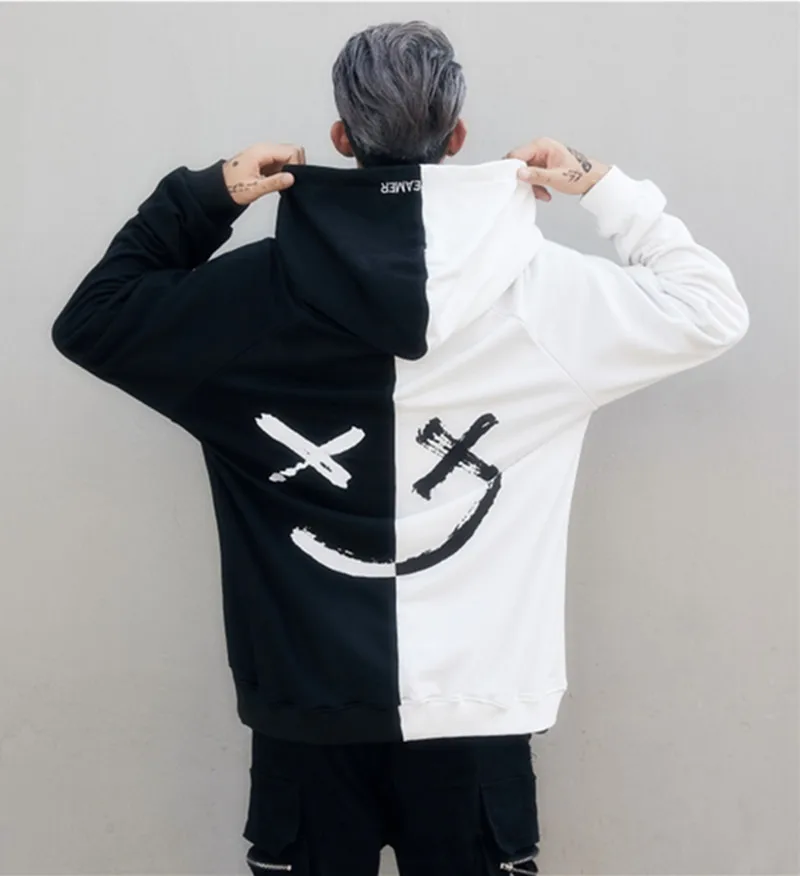 

Hot Sale Smiling Face Family Black And White Color Block Hoodie Hoodies Mens Streetwear Color Block Hoodies For Men, Orange+black, white+black, black, red or other customized colors