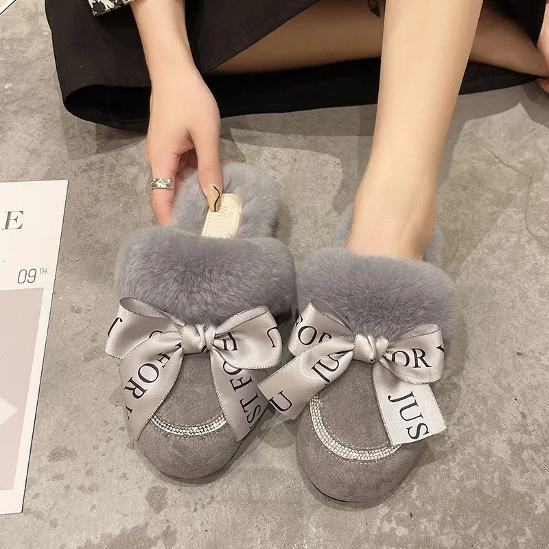 

Bow knot warm women slide winter new style close toe sandals comfortable soft plush slipper