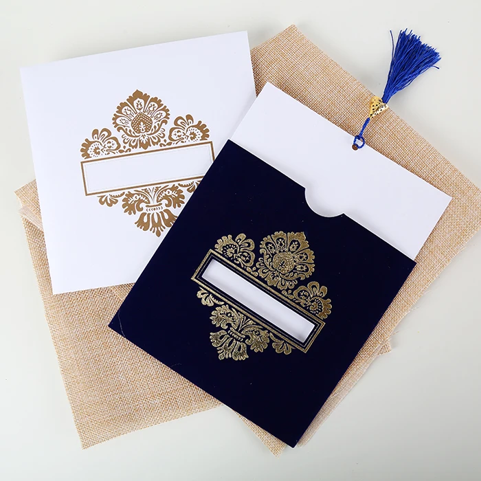 

Luxury Pocket Suede Invitation Wedding Royal Blue Velvet Gold Foil Invitation Card with Envelope and birthday invitation cards