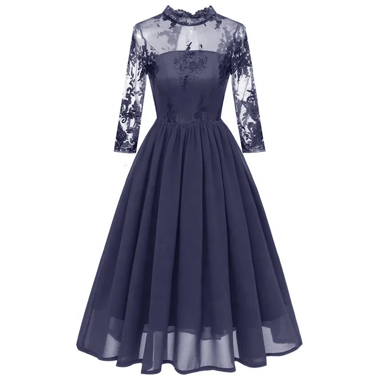 

Seven-quarter sleeves lace embroidery chiffon fashion large swing dress bridesmaid dress, Red, gray, navy blue