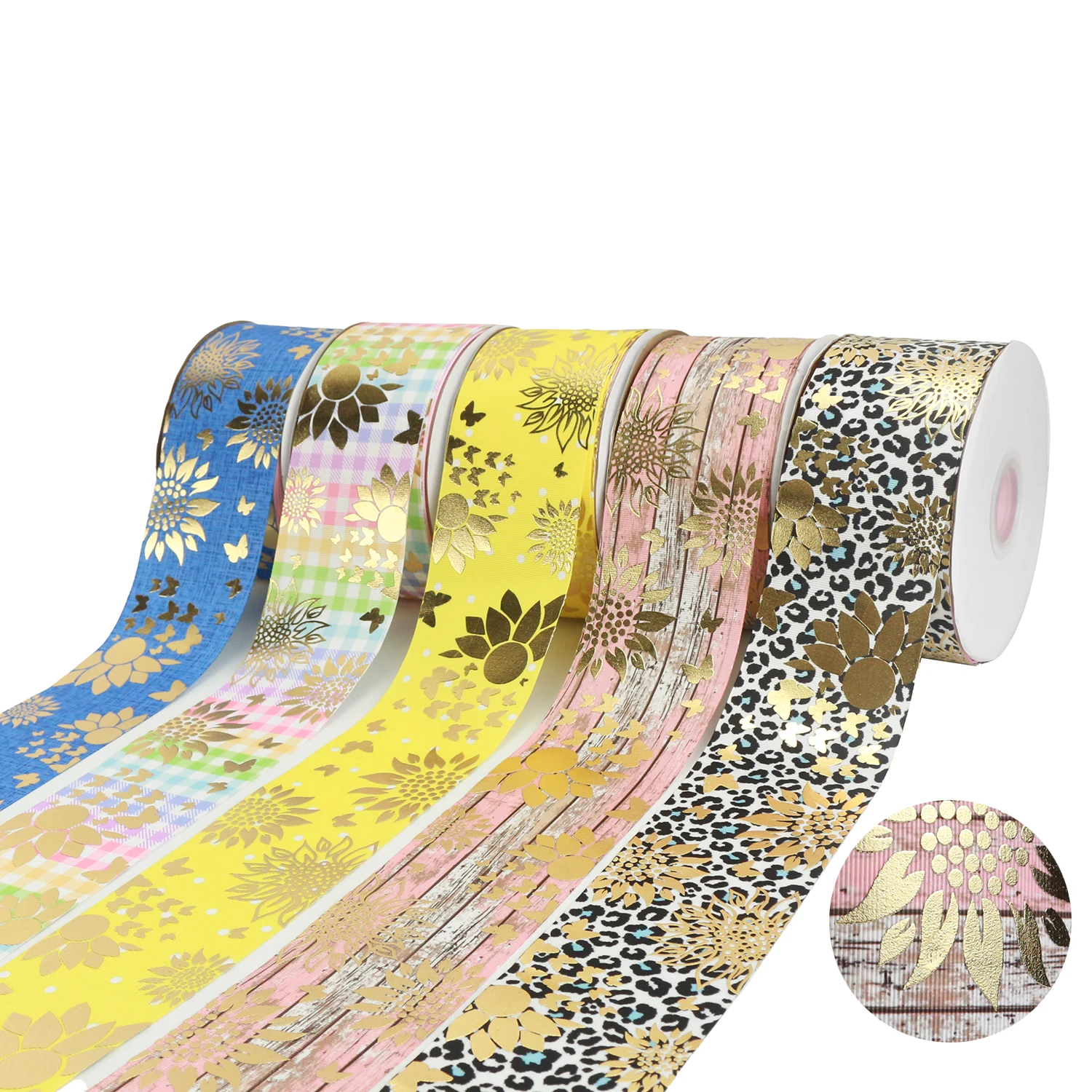 

Midi Ribbons 50 Yards Gold Foil Sunflower Printing Character Polyester Ribbon Listones 3 Inch