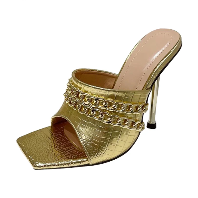 

112535 Summer fashion metallic stiletto heel women slippers square peep toe sexy lady mules outdoor wear female slides sandals